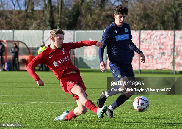 Iwan Roberts of Liverpool and Rhys Doherty of Blackburn Rovers in action during the U18 Premier League game at the AXA Training Centre on January 7,...