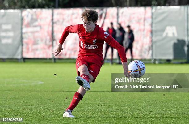Tommy Pilling of Liverpool in action during the U18 Premier League game at the AXA Training Centre on January 7, 2023 in Kirkby, England.