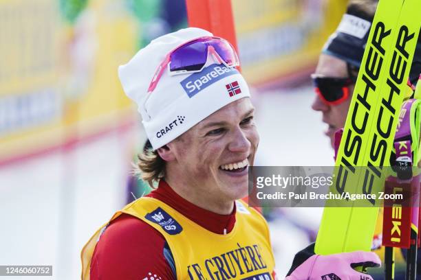 Johannes Hoesflot Klaebo of Team Norway takes 1st place during the FIS Tour de Ski Men's and Women's 15 km Classic Mass Start on January 7, 2023 in...
