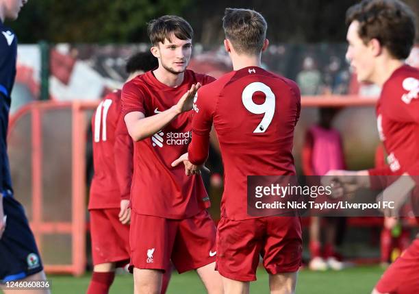 Iwan Roberts of Liverpool celebrates scoring Liverpool's second goal with Terence Miles during the U18 Premier League game at the AXA Training Centre...