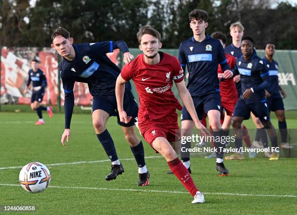 Terence Miles of Liverpool in action during the U18 Premier League game at the AXA Training Centre on January 7, 2023 in Kirkby, England.