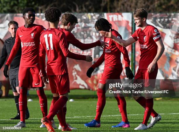 Terence Miles of Liverpool celebrates scoring Liverpool's first goal with his team mates during the U18 Premier League game at the AXA Training...