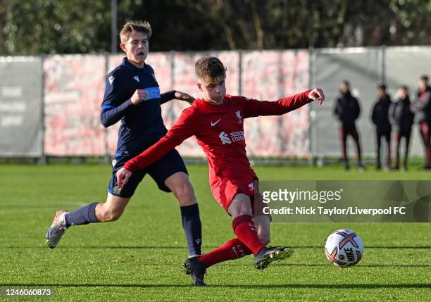 Cody Pennington of Liverpool in action during the U18 Premier League game at the AXA Training Centre on January 7, 2023 in Kirkby, England.