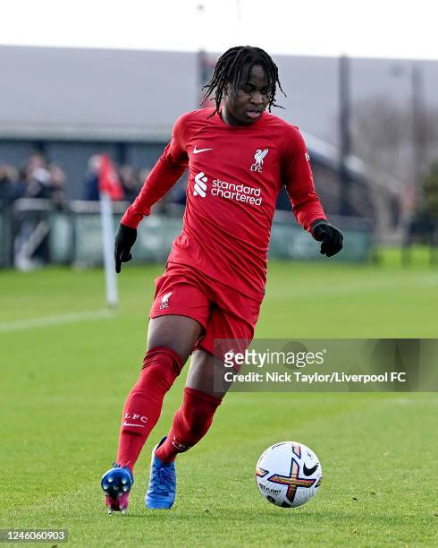 Francis Gyimah of Liverpool in action during the U18 Premier League game at the AXA Training Centre on January 7, 2023 in Kirkby, England.