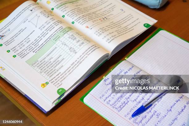 Illustration picture shows a Ukrainian schoolbook during a visit of Belgian Prime Minister De Croo to a Ukrainian school on the occasion of Ukrainian...