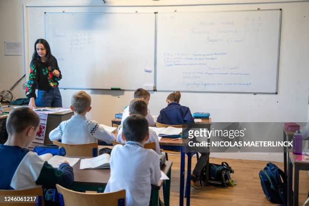 Illustration picture shows a Ukrainian class during a visit of Belgian Prime Minister De Croo to a Ukrainian school on the occasion of Ukrainian...