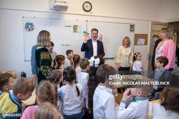 Prime Minister Alexander De Croo and Natalia Anoshyna pictured during a visit of Belgian Prime Minister De Croo to a Ukrainian school on the occasion...