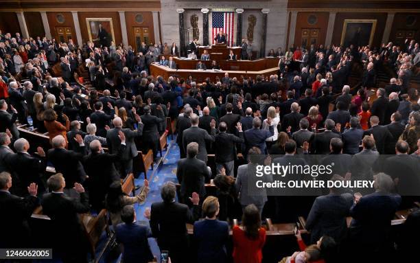Newly elected Speaker of the US House of Representatives Kevin McCarthy takes the oath of office after he was elected on the 15th ballot at the US...