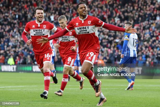 Middlesbrough's English striker Chuba Akpom celebrates after scoring their first goal during the English FA cup third round football match between...