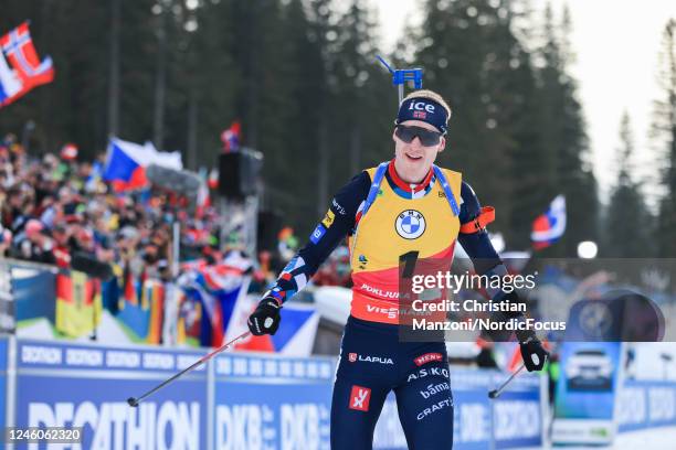 Johannes Thingnes Boe of Norway celebrates victory during the Mens 12.5 km Pursuit at the BMW IBU World Cup Biathlon on January 7, 2023 in Pokljuka,...