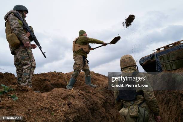 Ukrainian soldiers of the Territorial Defense of Kherson reinforce their positions on January 7, 2023 in Kherson, Ukraine. President of the Russian...