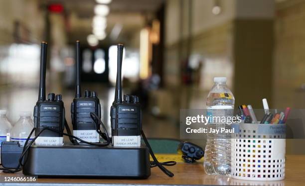 Walkie talkies seen through a side door at Richneck Elementary School on January 7, 2023 in Newport News, Virginia. A 6-year-old student was taken...