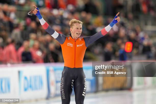 Merijn Scheperkamp of The Netherlands reacts after competing on the Men's 1000m during the ISU European Sprint Speed Skating Championships at...