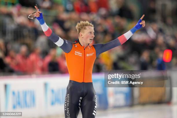 Merijn Scheperkamp of The Netherlands reacts after competing on the Men's 1000m during the ISU European Sprint Speed Skating Championships at...