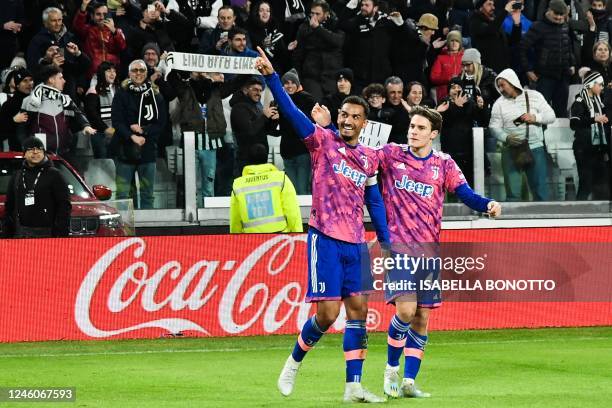 Juventus' Brazilian defender Danilo celebrates after opening the scoring during the Italian Serie A footbal match between Juventus and Udinese on...