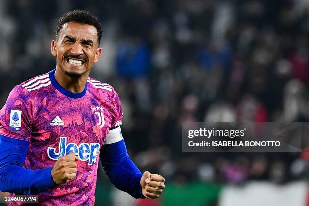 Juventus' Brazilian defender Danilo celebrates at the end of the Italian Serie A footbal match between Juventus and Udinese on January 7, 2023 at the...