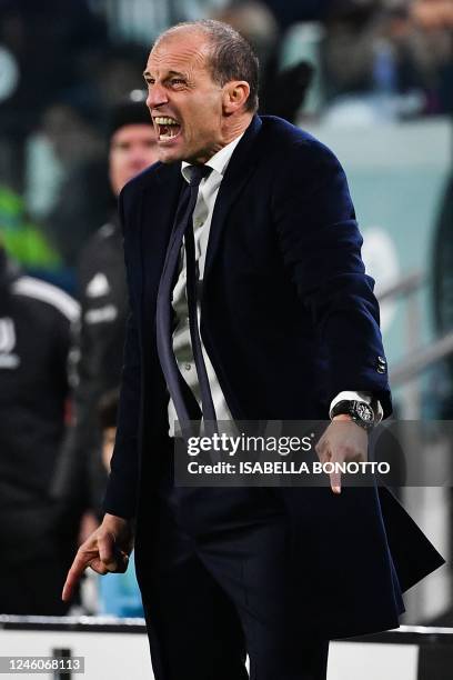 Juventus' Italian coach Massimiliano Allegri reacts before being given a yellow card during the Italian Serie A footbal match between Juventus and...