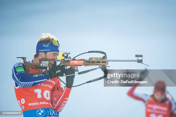 Antonin Guigonnat of France at the shooting range during the Men 12.5 km Pursuit at the IBU World Championships Biathlon Pokljuka on January 7, 2023...