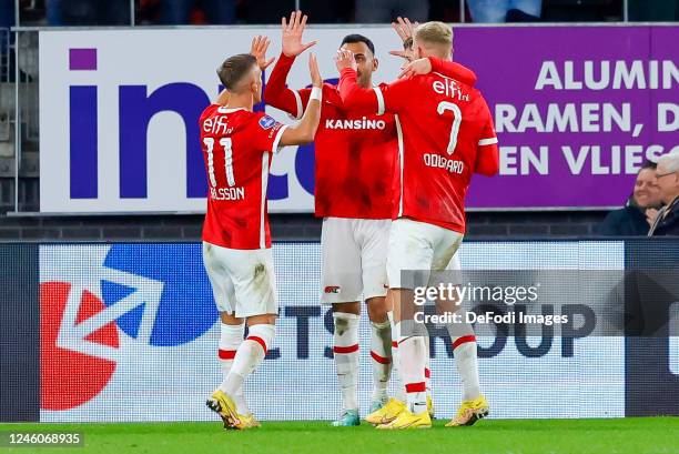 Vangelis Pavlidis of AZ Alkmaar scores the 1-0 celebrating his goal with teammates 1:0 during the Dutch Eredivisie match between AZ Alkmaar and SBV...