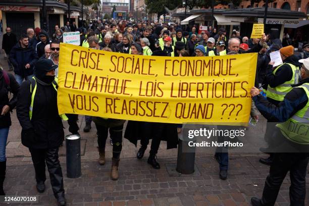 Hundreds of yellow vests are taking to the streets of Toulouse, France, on January 7th to protest against Macron's reforms such as the planned...