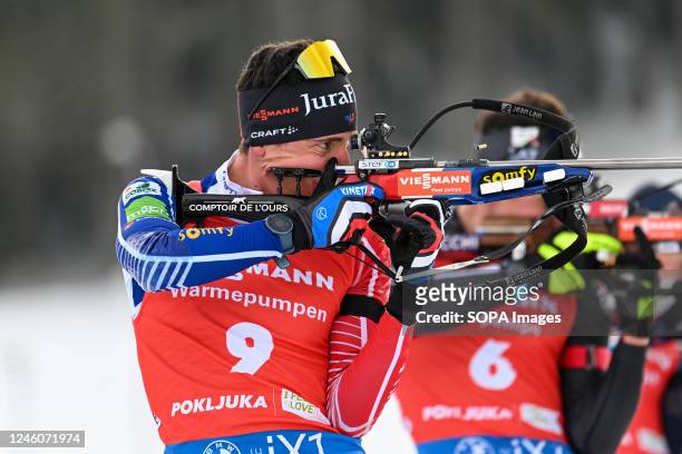 Quentin Fillon Maillet of France seen in action during the Men 12.5 km Pursuit race at the BMW IBU Biathlon World Cup in Pokljuka.