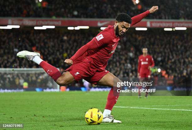 Liverpool's English defender Joe Gomez controls the ball during the English FA Cup third round football match between Liverpool and Wolverhampton...