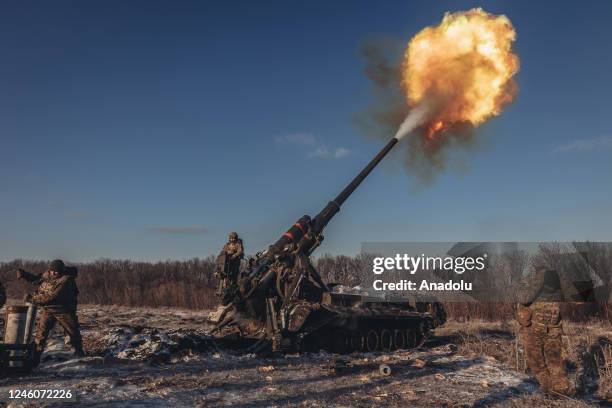 Ukrainian soldiers work with "pion" artillery in the northern direction of the Donbass frontline as Russia-Ukraine war continues in Donetsk, Ukraine...