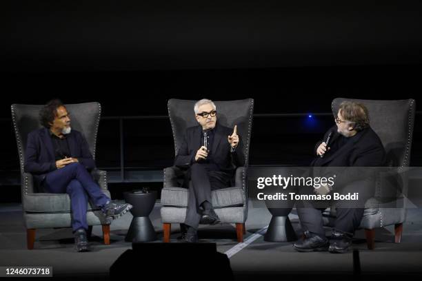 Alejandro G. Iñárritu, Alfonso Cuarón and Guillermo del Toro speak onstage during The Three Amigos In Conversation presented by Netflix at Academy...