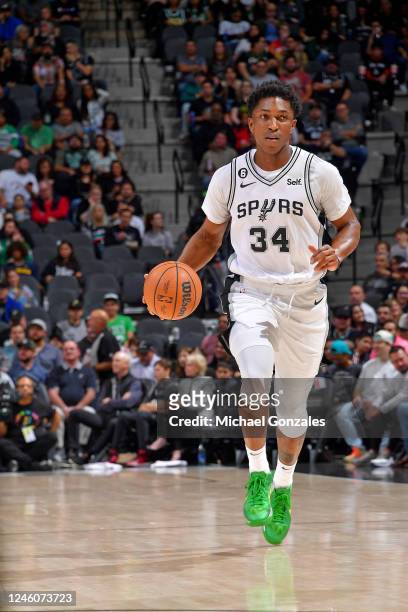 Stanley Johnson of the San Antonio Spurs drives to the basket during the game against the Boston Celtics on January 7, 2023 at the AT&T Center in San...