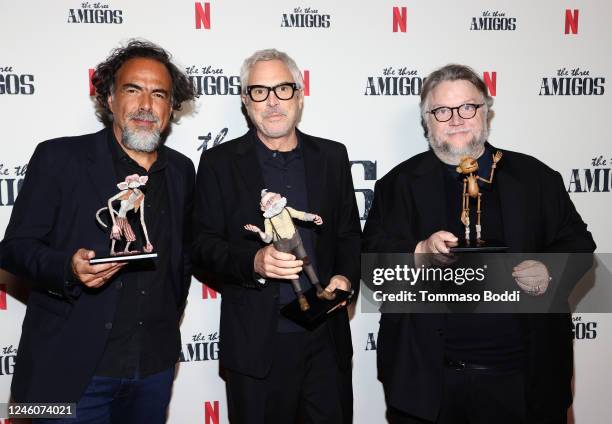 Alejandro G. Iñárritu, Alfonso Cuarón and Guillermo del Toro attend The Three Amigos In Conversation presented by Netflix at Academy Museum of Motion...