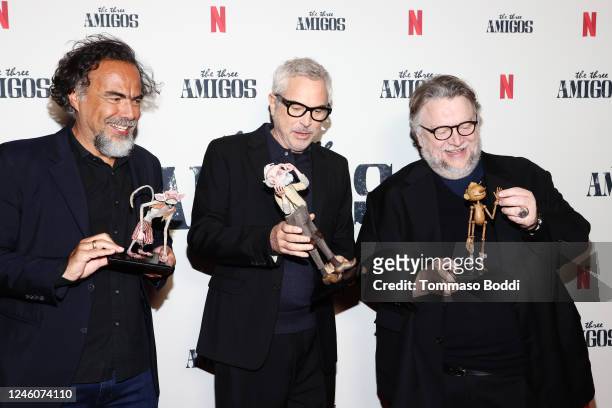 Alejandro G. Iñárritu, Alfonso Cuarón and Guillermo del Toro attend The Three Amigos In Conversation presented by Netflix at Academy Museum of Motion...