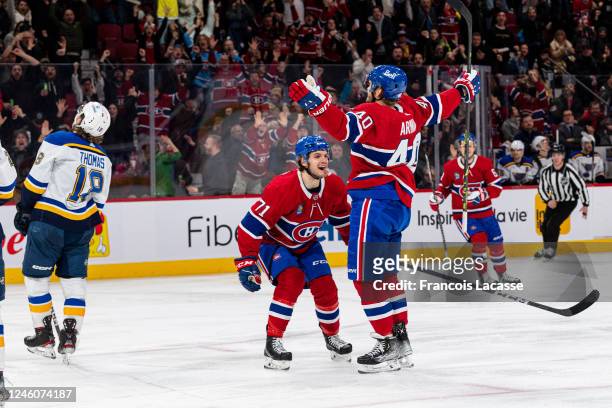 Joel Armia of the Montreal Canadiens celebrates after a goal during the third period of the NHL regular season game between the Montreal Canadiens...