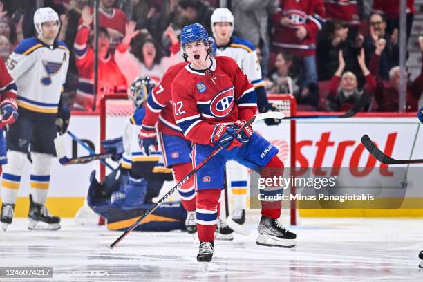 Cole Caufield of the Montreal Canadiens celebrates his goal during the third period against the St. Louis Blues at Centre Bell on January 7, 2023 in...