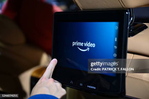 The Amazon Prime Video logo is displayed in a Jeep Grand Wagoneer SUV, with Amazon Alexa and Fire TV technology built-in, during the Consumer...