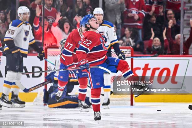 Cole Caufield of the Montreal Canadiens celebrates his goal during the third period against the St. Louis Blues at Centre Bell on January 7, 2023 in...