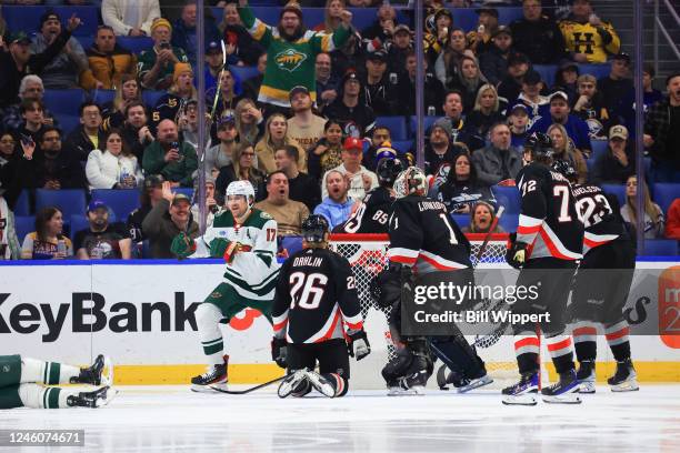 Marcus Foligno of the Minnesota Wild scores during the third period against the Buffalo Sabres during an NHL game on January 7, 2023 at KeyBank...