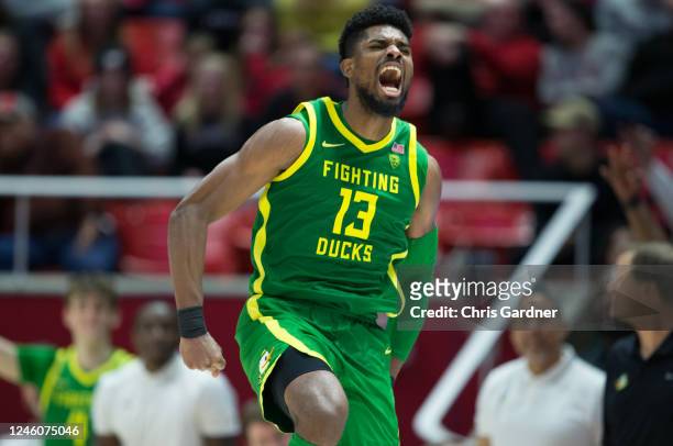 Quicy Guerrier of the Oregon Ducks reacts after sinking a three-pointer against the Utah Utes during the second half of their game January 7, 2023 at...