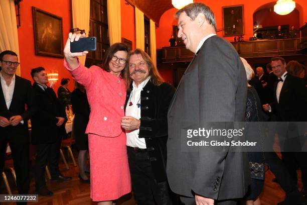 Ilse Aigner takes a selfie with Leslie Mandoki, Markus Söder, Prime Minister of Bavaria, during the celebration of Leslie Mandoki's 70th birthday, 40...
