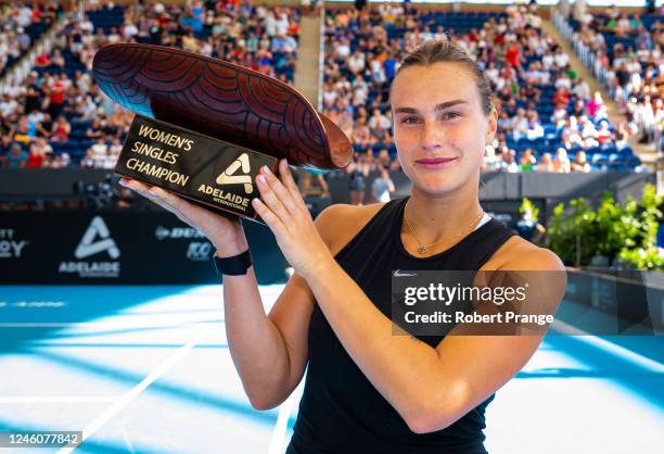 Aryna Sabalenka of Belarus poses with the champions trophy after defeating Linda Noskova of the Czech Republic in the singles final on Day 8 of the...