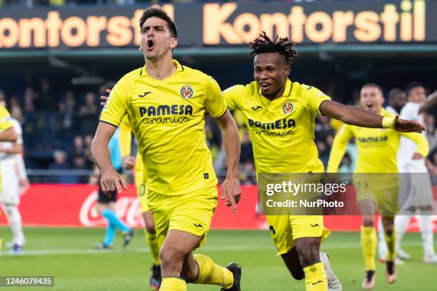 Villarreal's Gerard Moreno celebrate after scoring the 1-2 goal with his teammate Villarreal's Samuel Chimerenka Chukwueze during La Liga match...