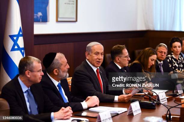 Israel's Prime Minister Benjamin Netanyahu attends a weekly cabinet meeting at the Prime Minister's office in Jerusalem, on January 8, 2023.