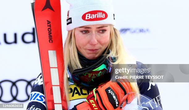 American Mikaela Shiffrin reacts on the podium after winning the Women's Giant Slalom event of the FIS Alpine Ski World Cup in Kranjska Gora on...