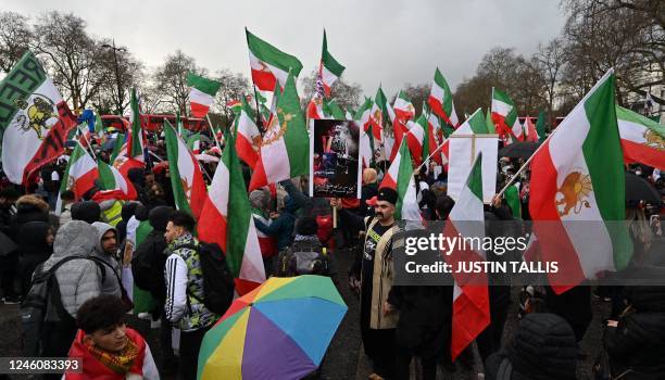 Protesters gather in central London on January 8, 2023 for a march against the Iranian regime, on the third anniversary of the downing of Ukrainian...