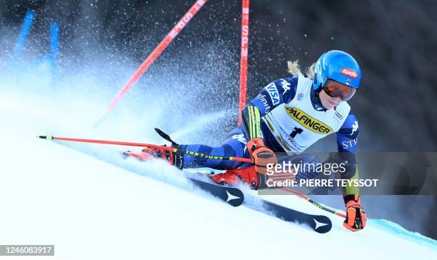 American Mikaela Shiffrin competes during the first run of the Women's Giant Slalom in Kranjska Gora on January 8, 2023. - Mikaela Shiffrin equalled...