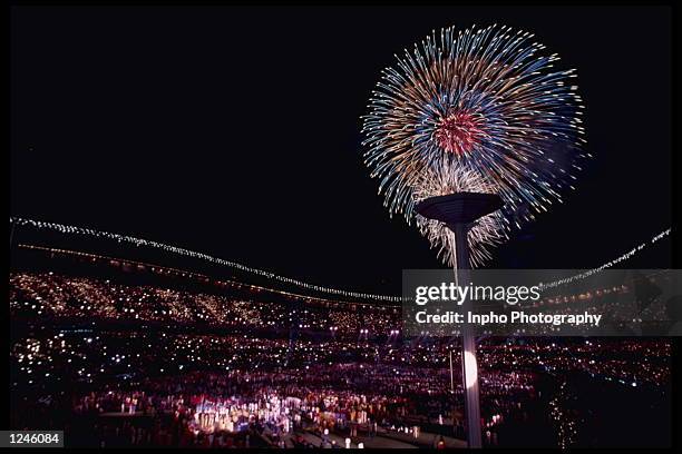 Fireworks light up the night sky during the Closing Ceremony for the 1988 Summer Olympics in Seoul, South Korea. Mandatory Credit: Billy...