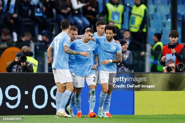 Mattia Zaccagni of SS Lazio celebrates after scoring his team's second goal with team mates during the Serie A match between SS Lazio and Empoli FC...