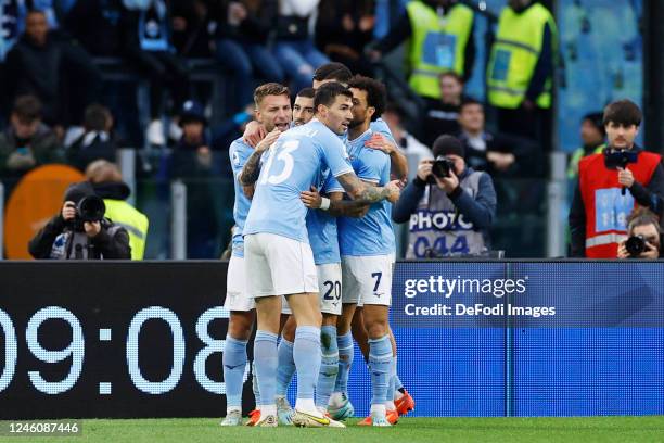 Mattia Zaccagni of SS Lazio celebrates after scoring his team's second goal with team mates during the Serie A match between SS Lazio and Empoli FC...