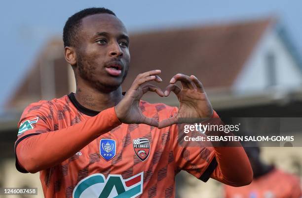 Lorient's Ivorian midfielder Stephane Diarra celebrates after scoring his team's fourth goal during the French Cup round of 64 football match between...