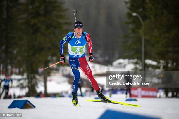 Quentin Fillon Maillet of France in action competes during the Mixed Relay at the IBU World Championships Biathlon Pokljuka on January 8, 2023 in...