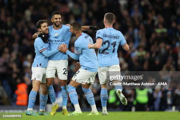 Riyad Mahrez of Manchester City celebrates after scoring a goal to make it 1-0 during the Emirates FA Cup Third Round match between Manchester City...